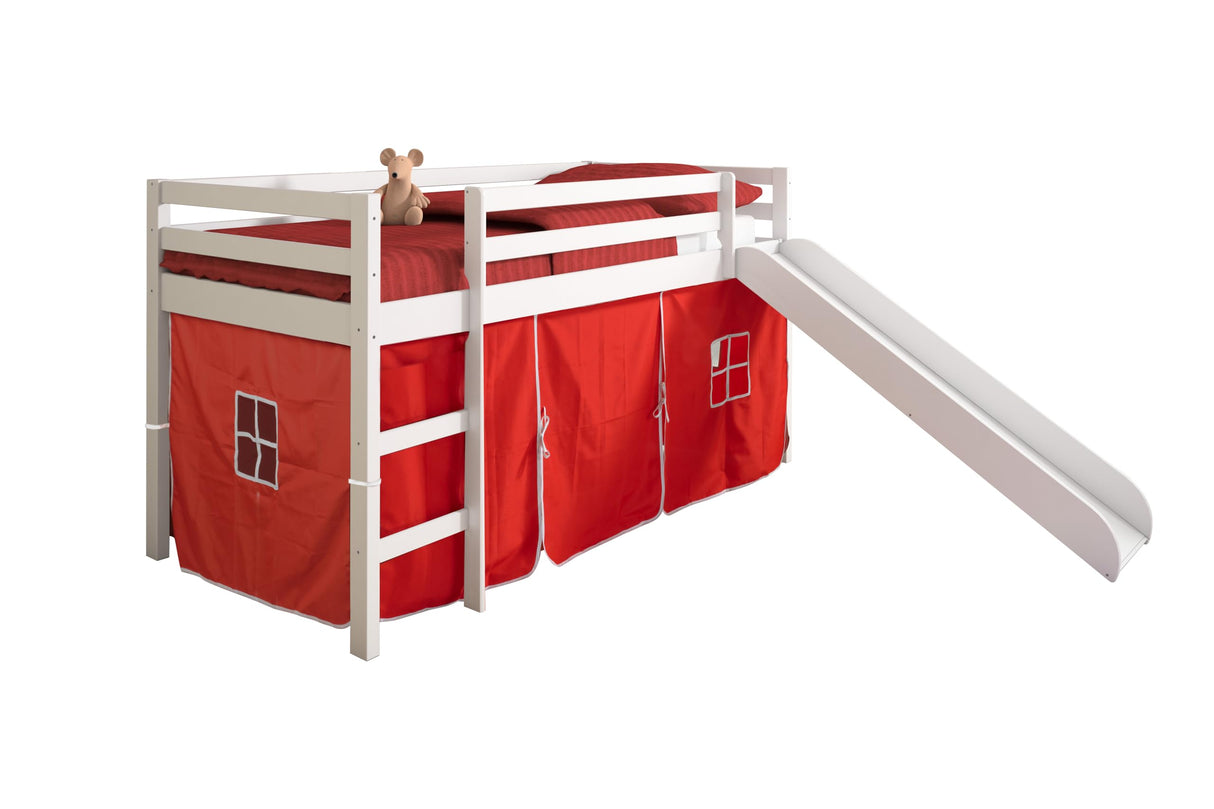 Tent Twin Low Loft Bed with Slide and Red Tent, White Finish