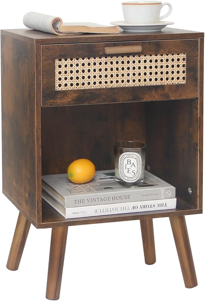 White Rattan Nightstand, Modern Nightstand with Rattan Drawer