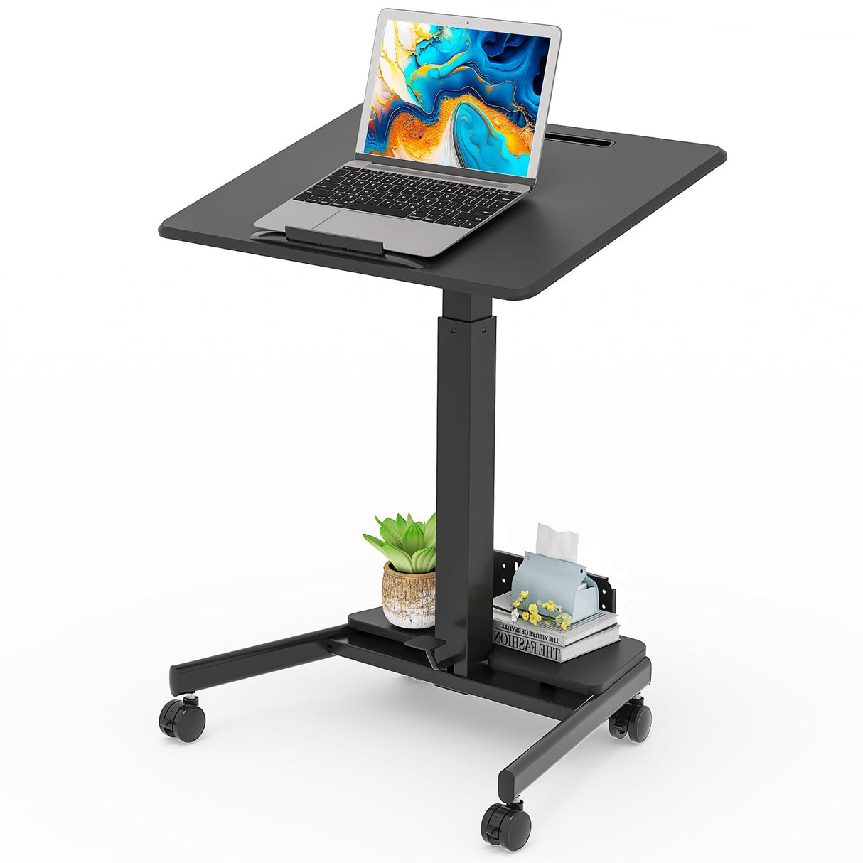 Mobile Standing Desk with 90° Tilting Desktop, Foot Pedal Pneumatic Height Adjustable