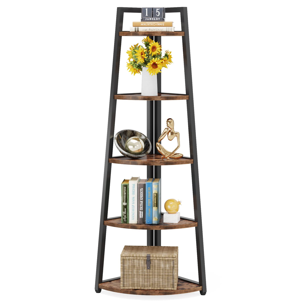 70 inch Tall Corner Shelf, 5 Tier Rustic Corner Bookshelf Bookcase Industrial Corner Ladder Shelf Plant Stand for Living Room, Kitchen, Home Office (Brown)