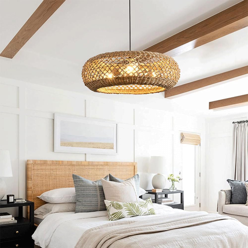 Chinese Elegant Zen Grass Rattan Color Pendant Light Rattan Round Hanging Lamp E26/E27 Lamp Base Diameter 19.7in Chandeliers
