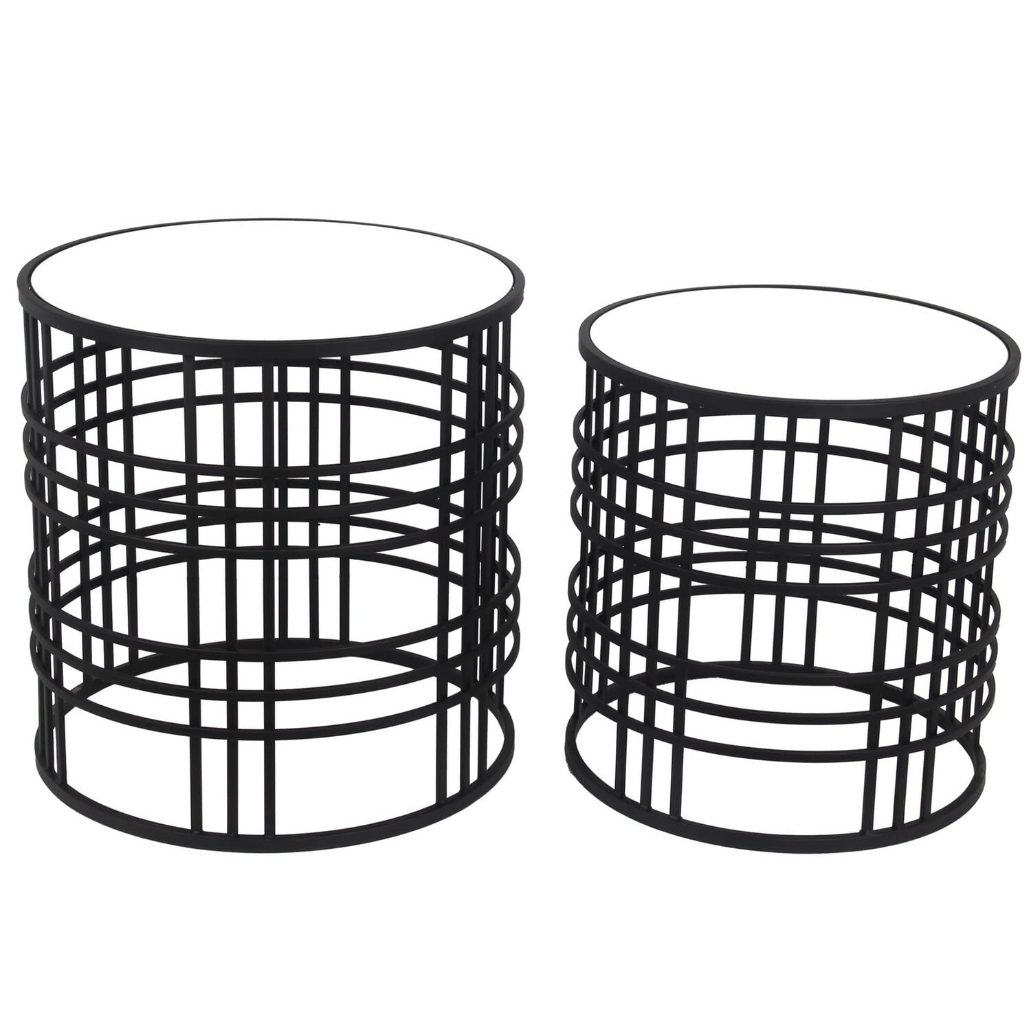 Set Mirrored Top Round Accent Table with Open Base, Set of 2, Black