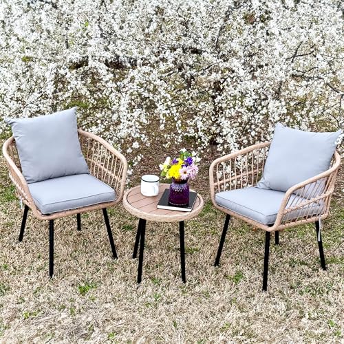 3 Pieces Outdoor Bistro Set, All-Weather Wicker Patio Furniture Set