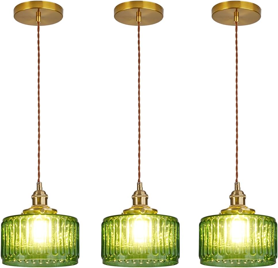 Green Pendant Light Fixtures Striped Glass One-Light Mid Century Ceiling Hanging Light S