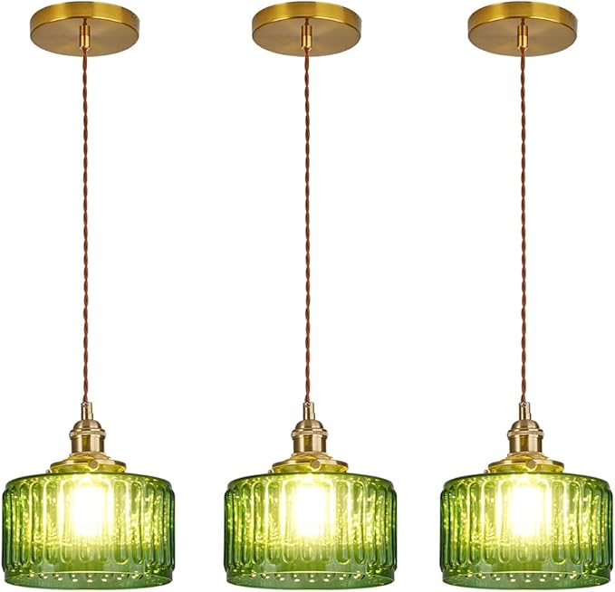 Green Pendant Light Fixtures Striped Glass One-Light Mid Century Ceiling Hanging Light S