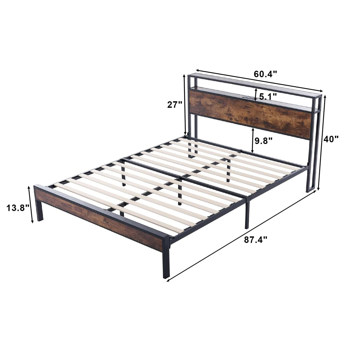 LoVinson Queen Size Bed Frame with LED Lights, 2-Tier Storage Headboard with Charging Station, Wood Slat Support, No Box Spring Needed, Noise Free, Easy Assembly, Rustic Brown