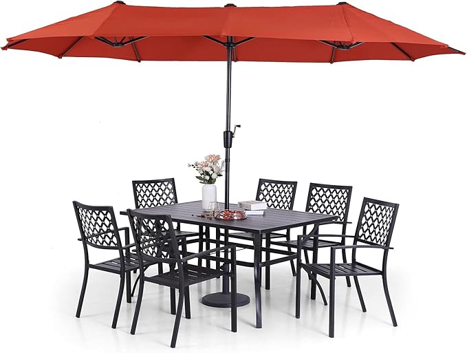 Metal Outdoor Patio Dining Set 6 PCS with 10ft 3 Tier Auto-tilt Umbrella(Orange Red)