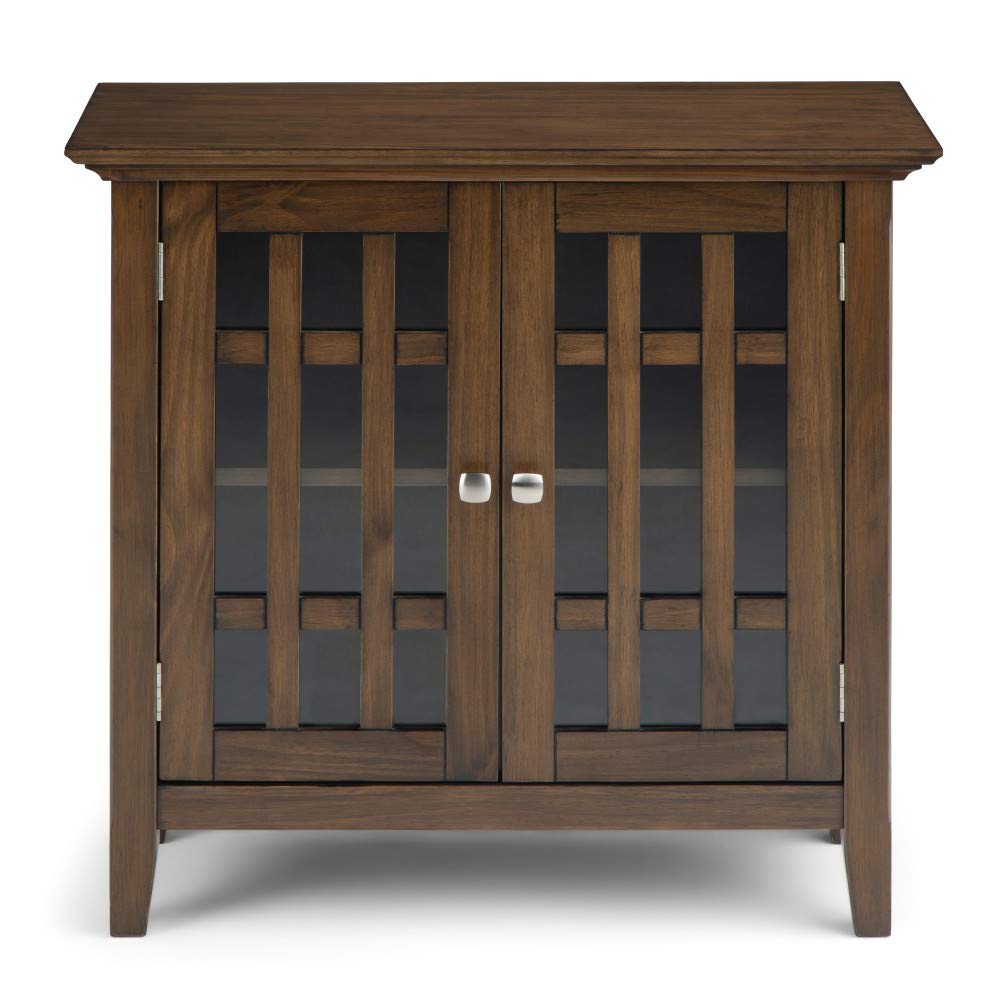 SIMPLIHOME Bedford SOLID WOOD 32 inch Wide Transitional Low Storage Media Cabinet in Rustic Natural Aged Brown, with 2 Tempered Glass Doors, 2 Adjustable Shelves