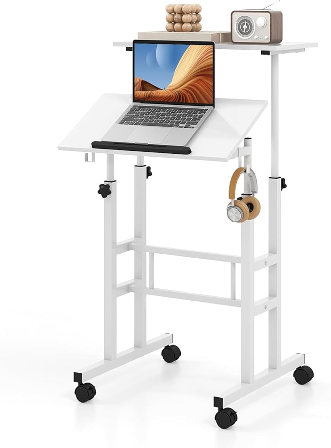 Mobile Standing Desk, Height-Adjustable Laptop Podium Cart with Tilting Tabletop & Adjustable Angle, Rolling Stand Up Computer Desk with 2 Hanging Hooks & Lockable Casters for Home Office