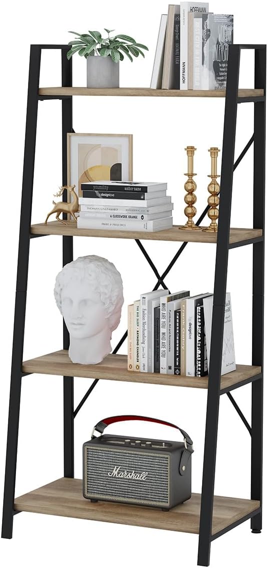 Industrial Ladder Shelf Bookcase, 4 Tier Rustic Ladder Bookshelf, Standing Leaning Book