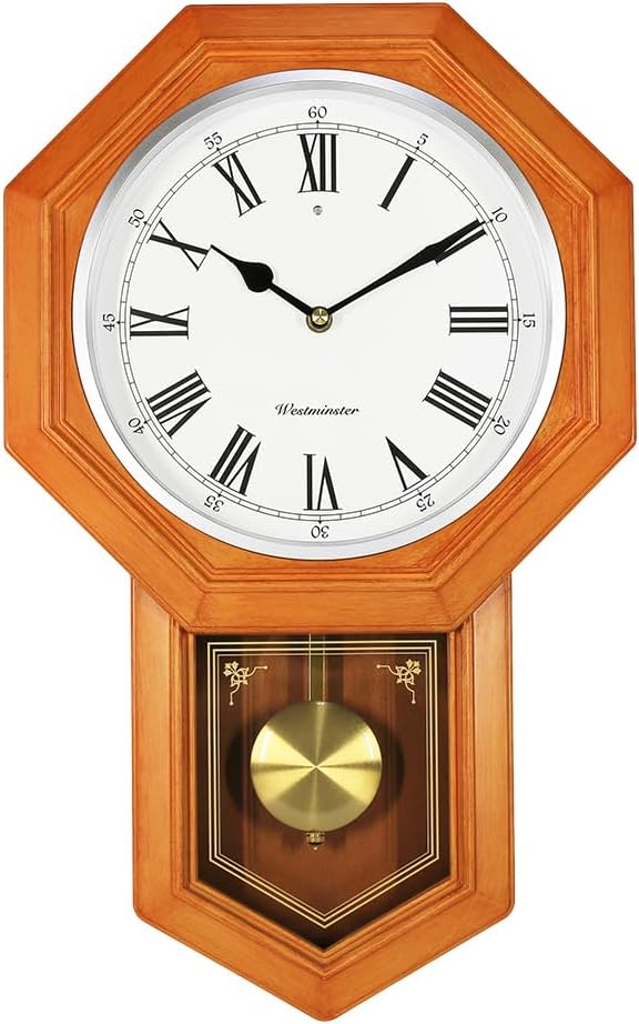 66236A Plastic Pendulum Clock Wood Grain Color.Sturdy Frame.Westminster Chime