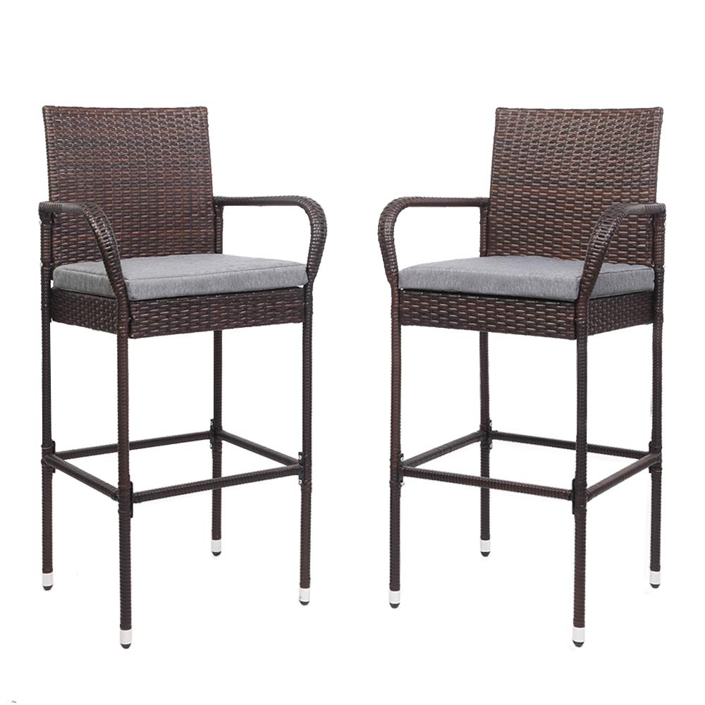 Outdoor Wicker Bar Stools Set of 2 with Cushions