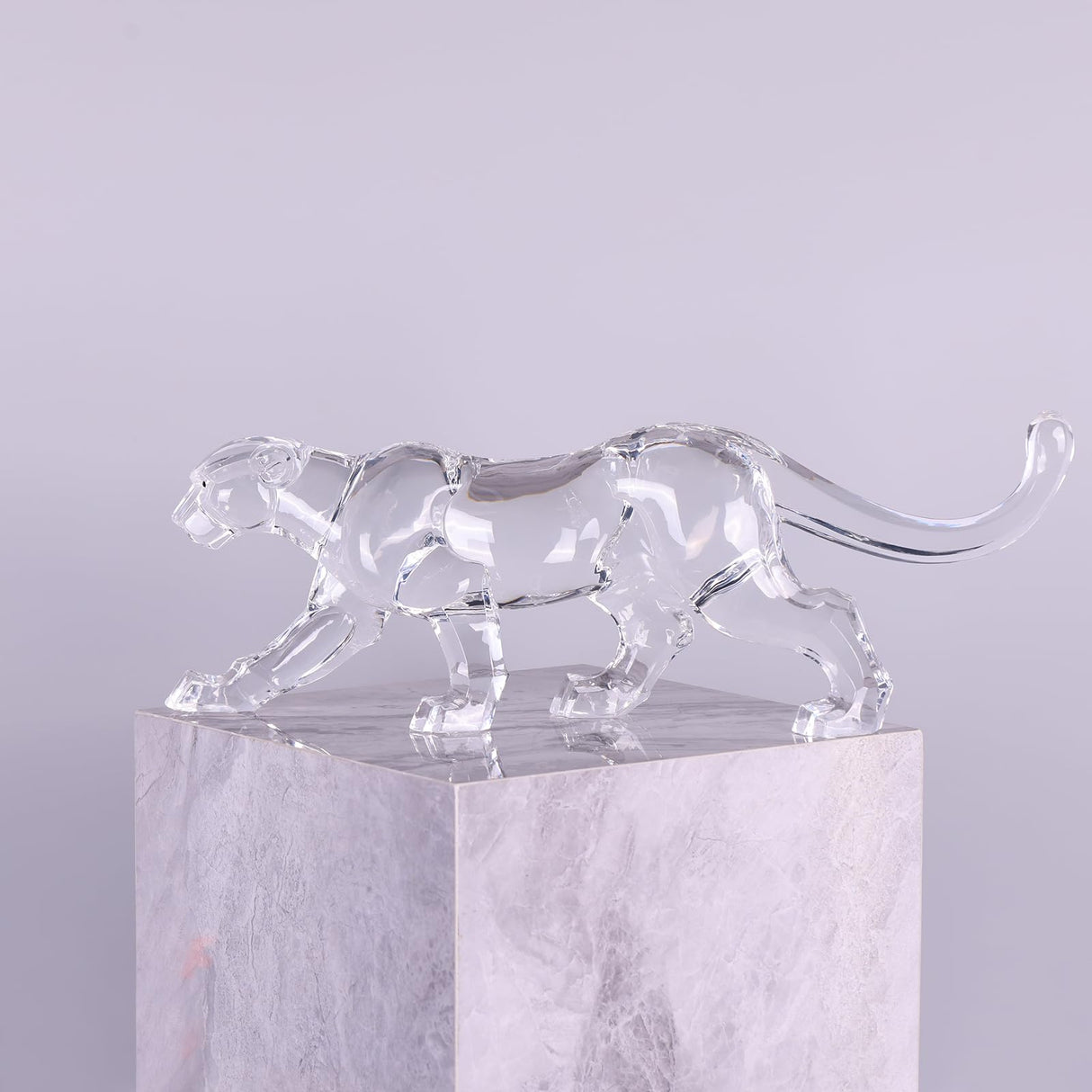 16" L Acrylic Cheetah Statue Crystal Glass Finish, Large Luxury Sculpture and