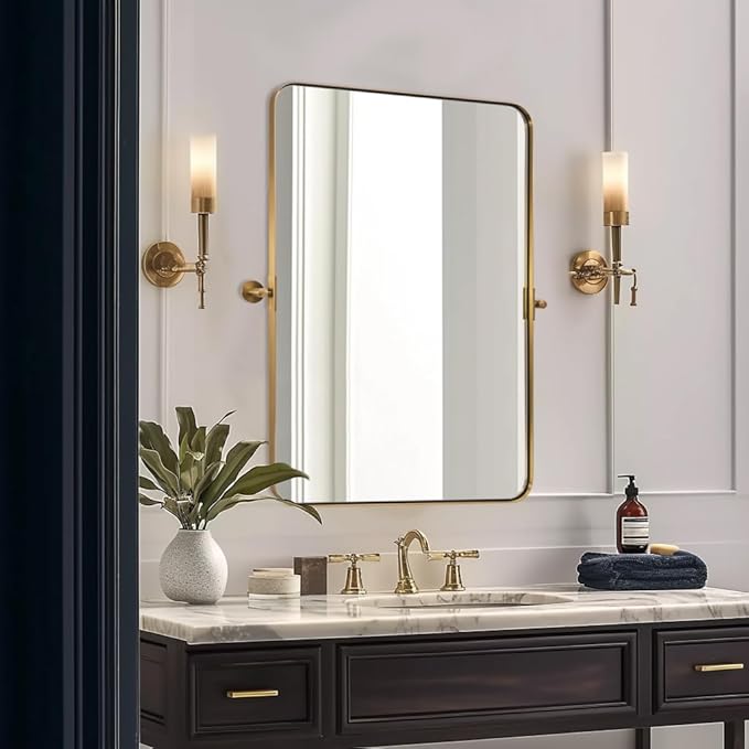 Black Bathroom Mirrors , Metal Framed Rounded Rectangle Wall Vanity Mirror