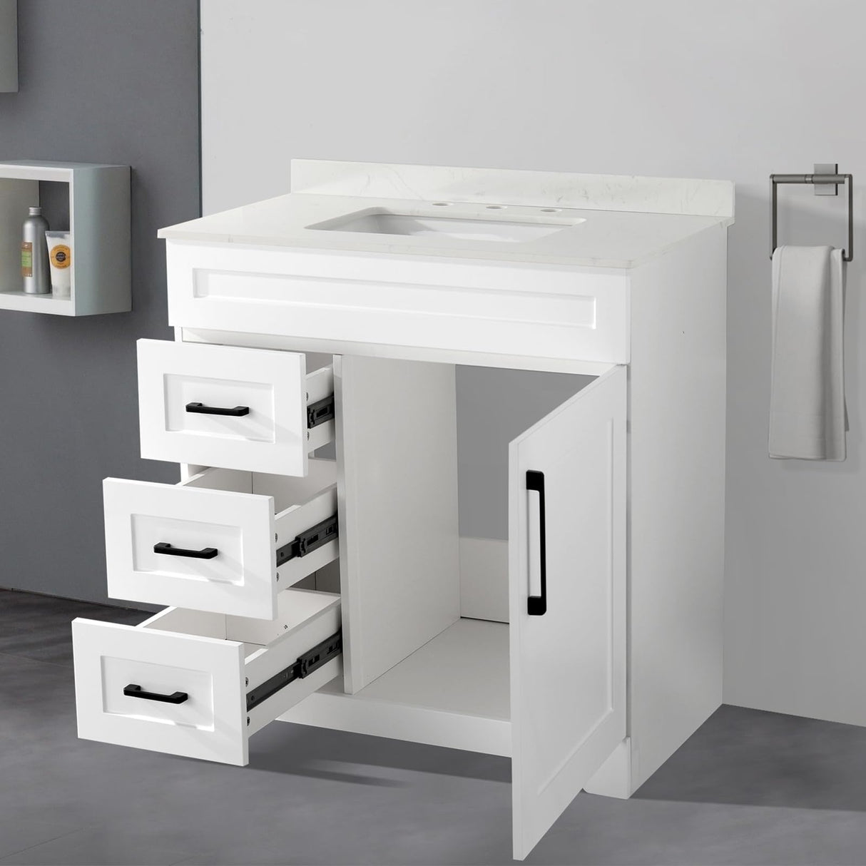 30" Bathroom Vanity with Sink, Engineered Stone Countertop&Undermount Center Rectangular Sink