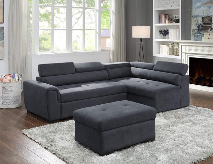 Velvet Reversible Sectional Sofa with Ottoman and Tufted Back