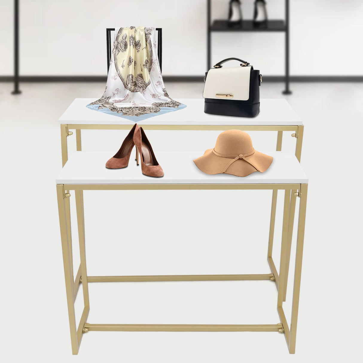 Modern Nesting Tables Retail Display Tables Set of 2 Shoes and Handbags