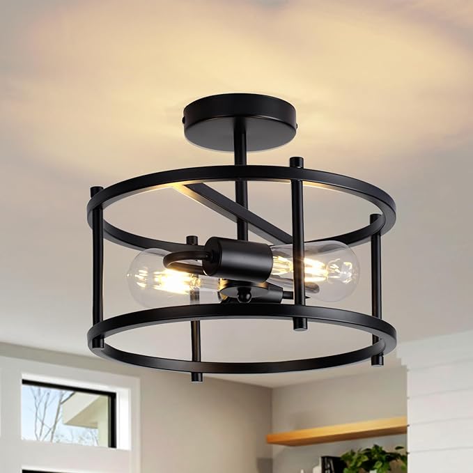 16" Semi Flush Mount 4-Light Industrial Ceiling Light, Black Chandelier