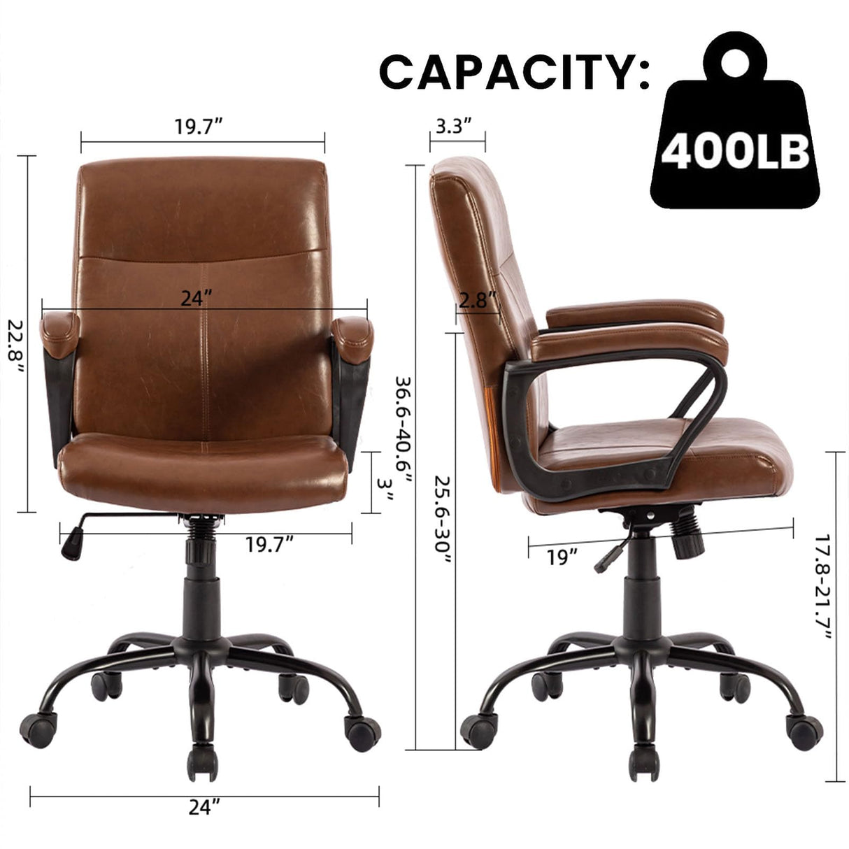 Brown Leather Ergonomic Office Chair - Mid Back with Armrests