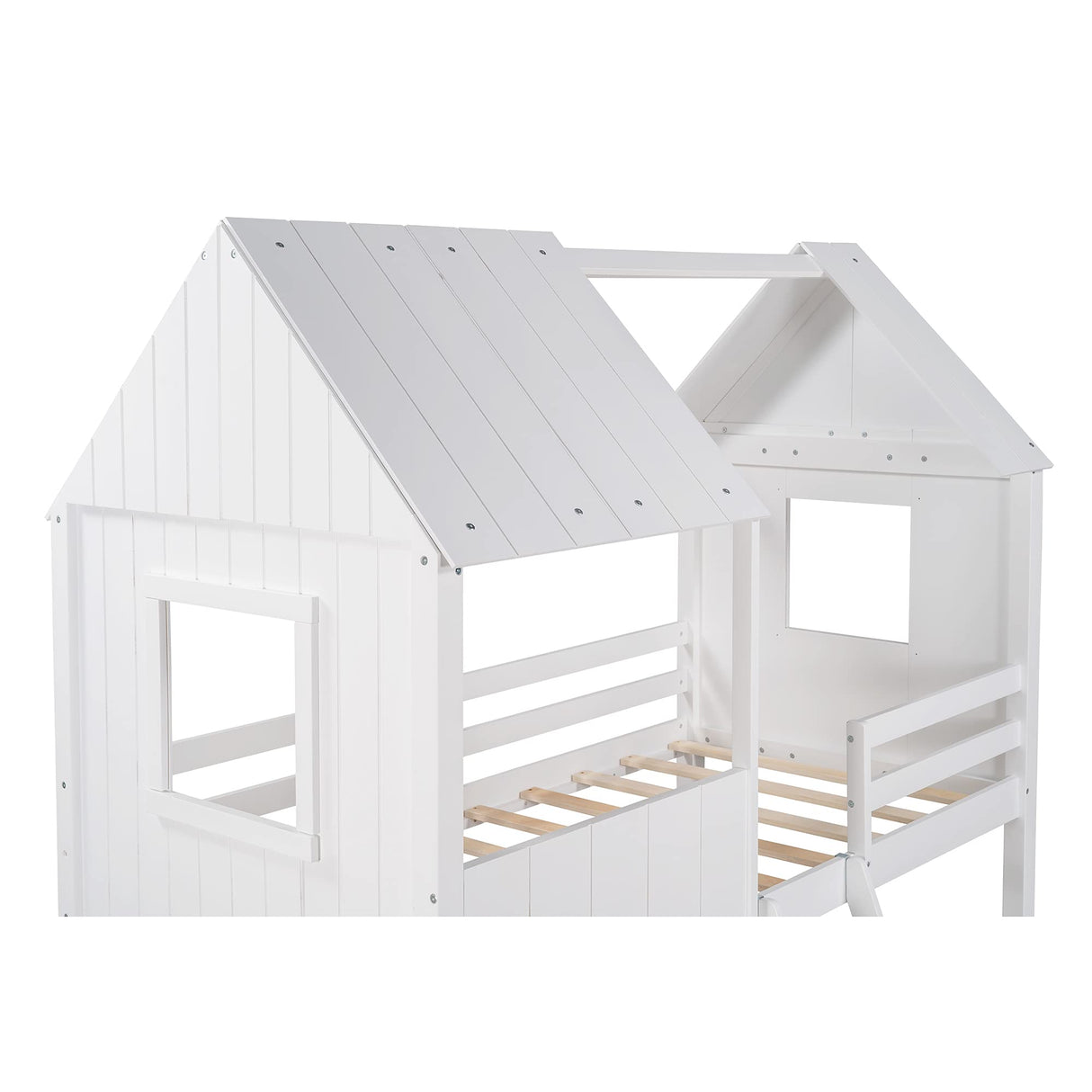Size Low Loft Bed with Roof and Windows, Wood House Bed with Safety Fence and Two