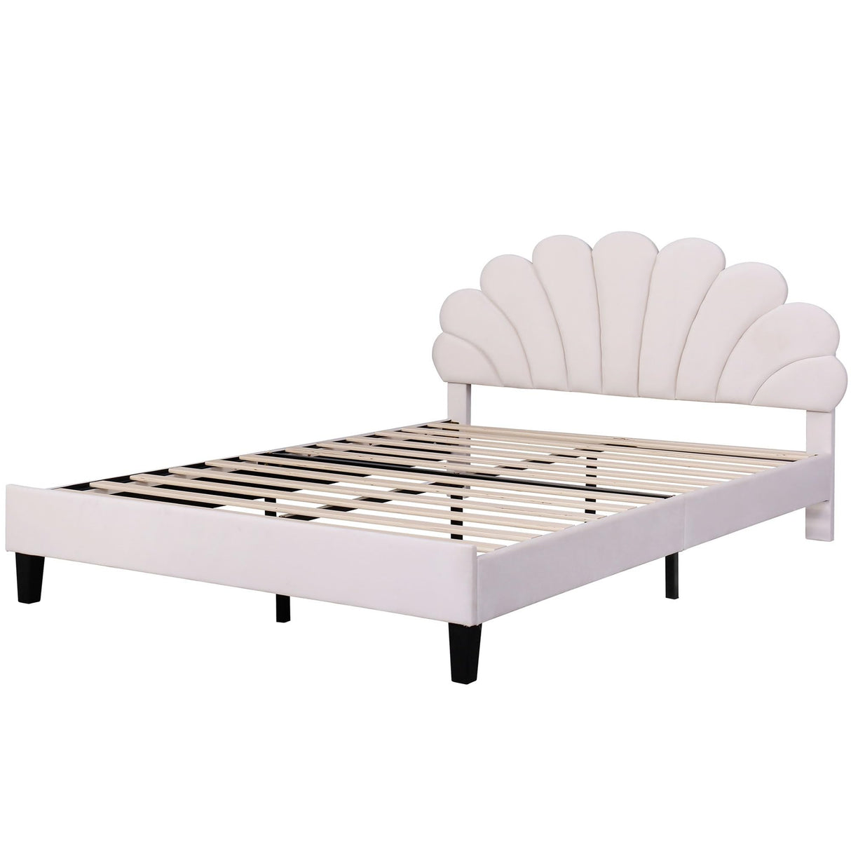 Queen Size Upholstered Platform Bed with Flower Pattern Velvet Headboard Beige
