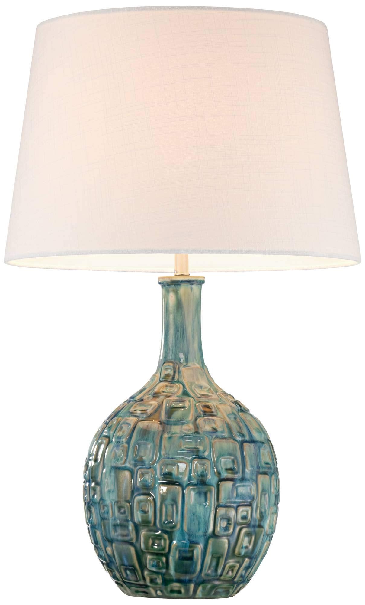 26" High Gourd Mid Century Modern Coastal Table Lamps Set of 2 Teal Ceramic Fabric