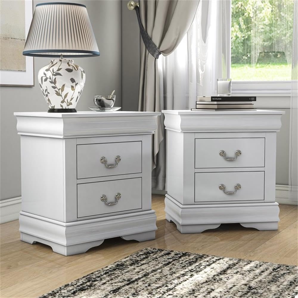 Transitional Wood 2-Drawer Nightstand in White