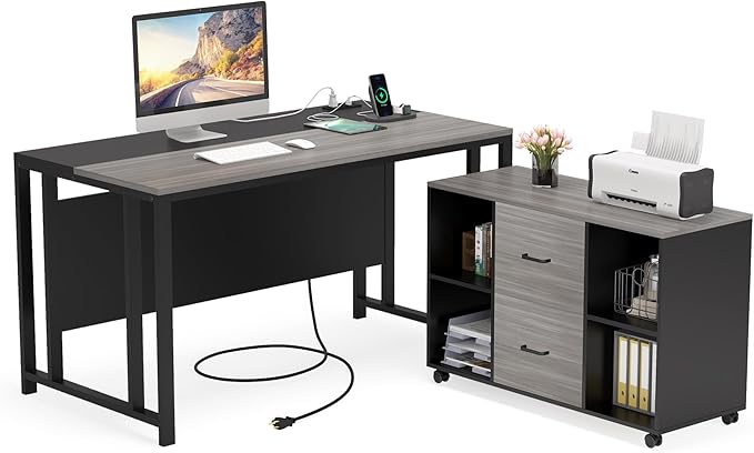 55'' Large Executive Desk with Lateral File Cabinet,Brown