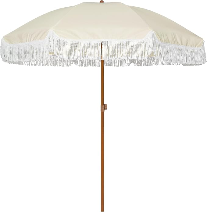 7ft Patio Umbrella with Fringe Outdoor Tassel Umbrella UPF50+ Premium Steel