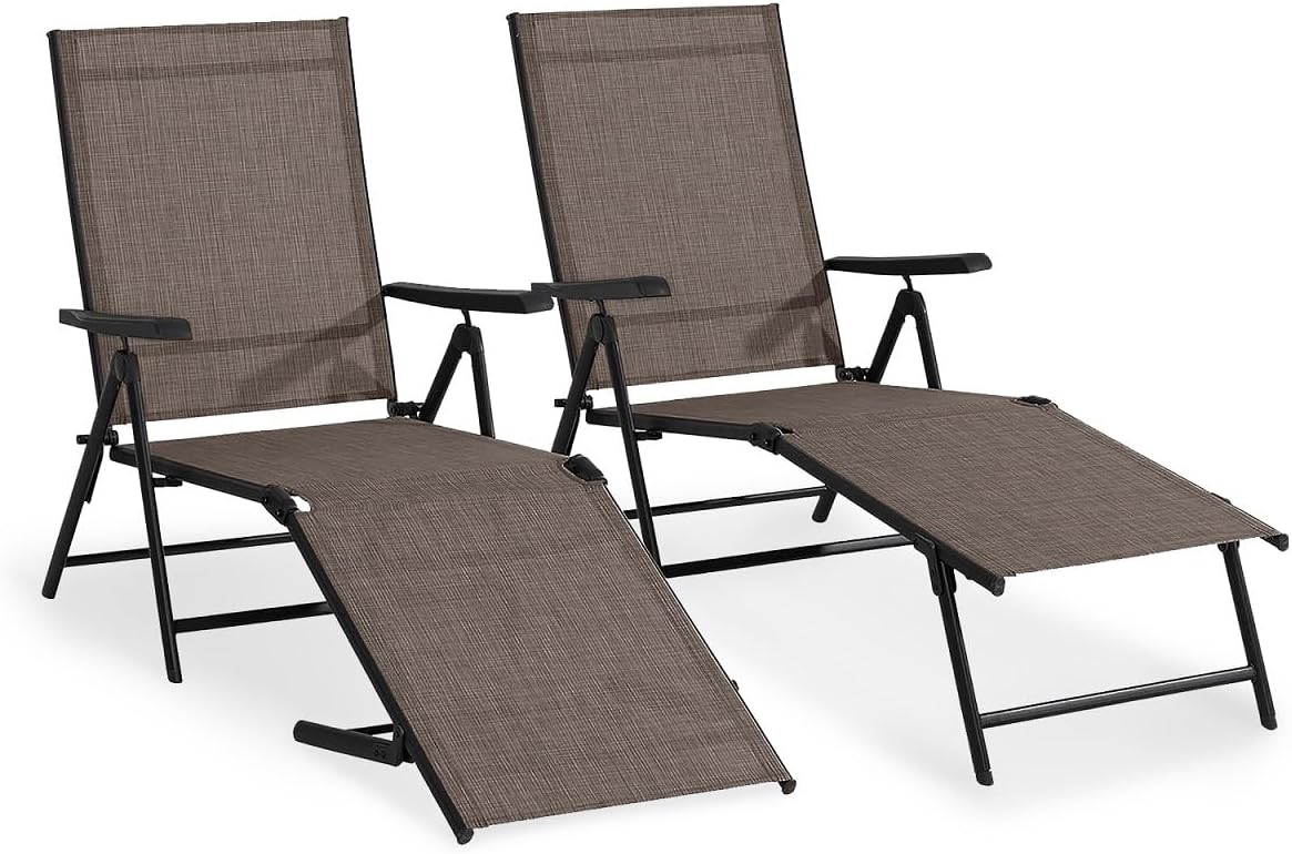 Folding Patio Chaise Lounge Chairs, Set of 2 Outdoor Textiline Recliner Chairs Patio Lounge