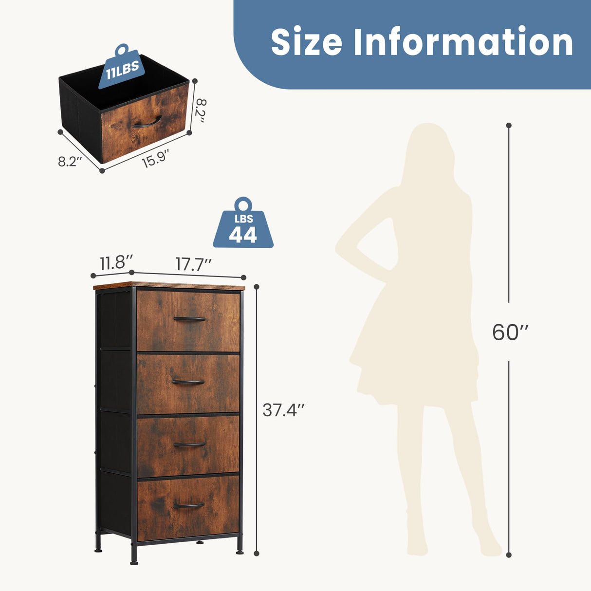 Elevon Dresser for Bedroom with 4 Drawers, Storage Drawers, Skinny Fabric Storage Tower, Tower Organizer Unit, Chest of Drawers with Wooden Top for Closet, Living Room, Entryway
