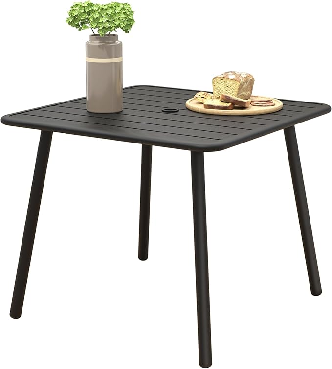 Square Metal Outdoor Dining Table with Umbrella Hole for Outside Patio, Black