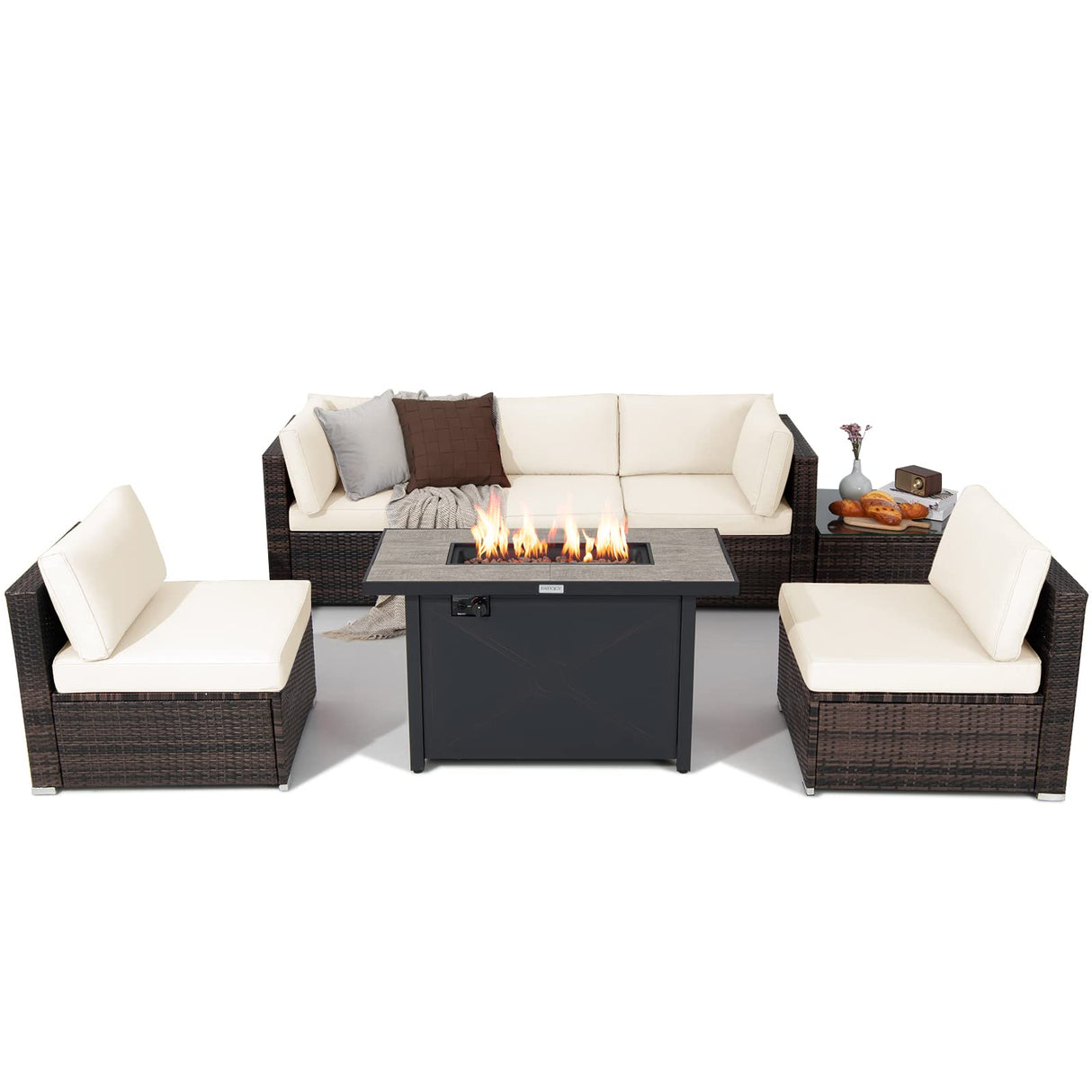 7 Piece Patio Furniture Set with Fire Pit Table, Includes 42 Inches 60