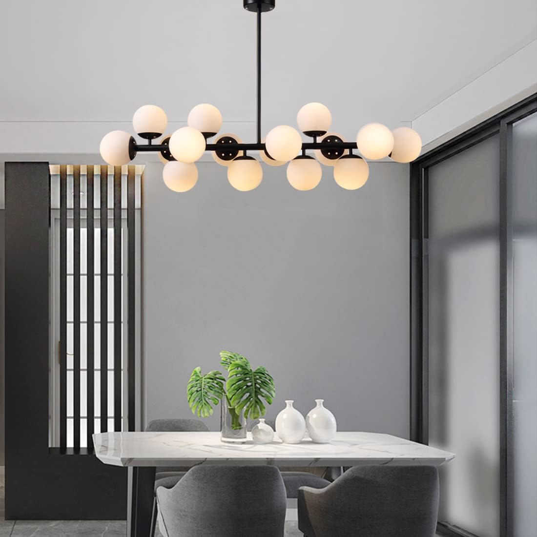 Glass Chandelier Lighting 16-Light Black Linear Island Pendant Light