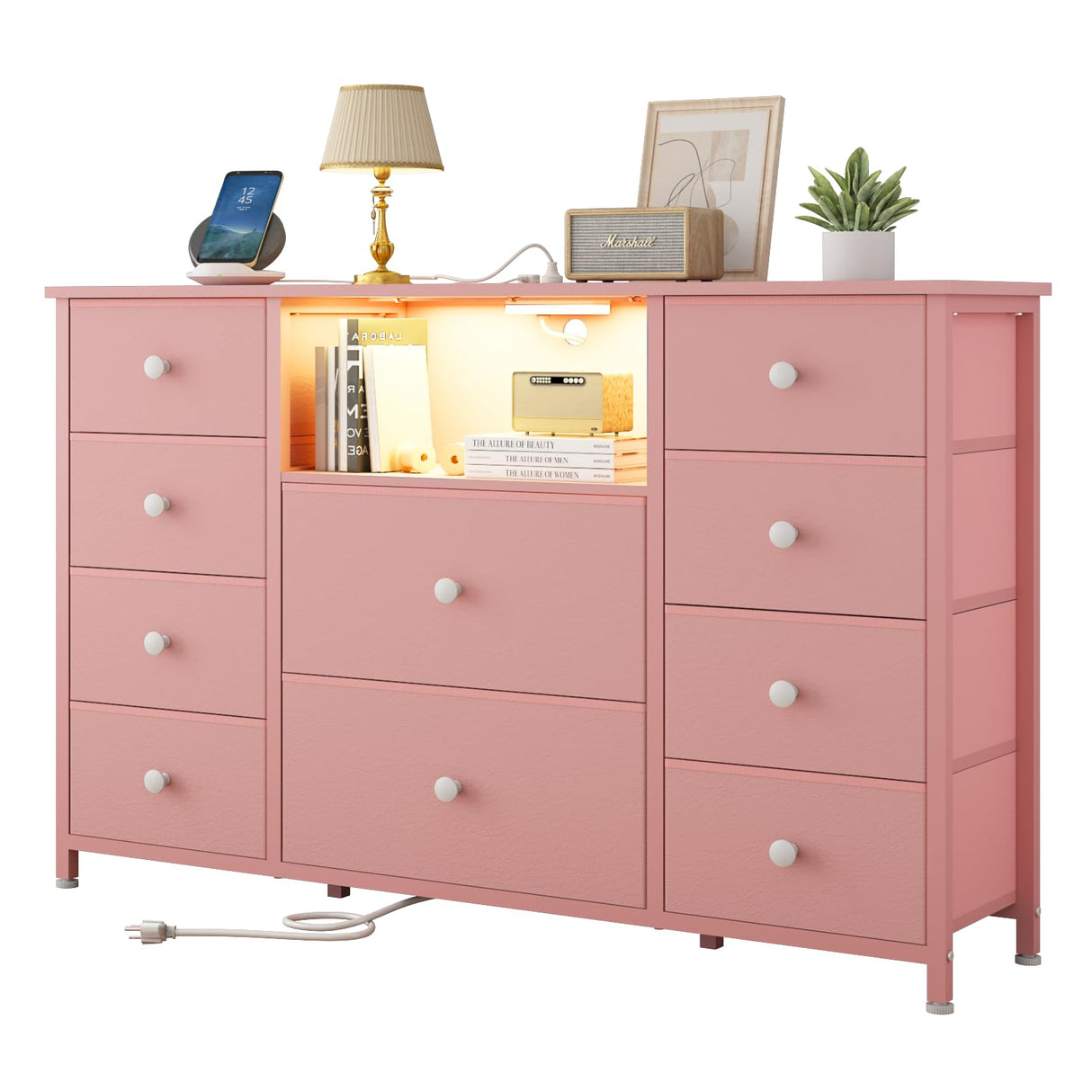 Dresser with Charging Station and LED Lights, Pink Dresser for Girls Bedroom