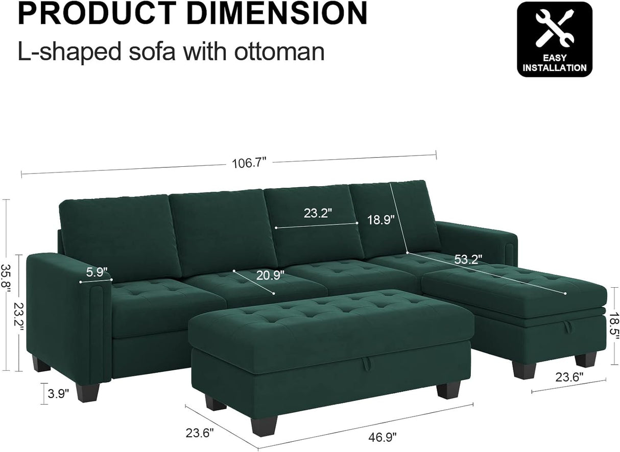 Velvet Convertible 4-Seat Sectional Sofa with Reversible Chaise L