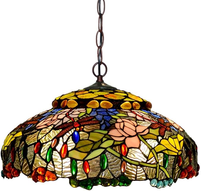 HT Tiffany Style Hanging Pendant Lamp 20 Inch Wide Red Tulip Design Stained Glass Lampshade 3 -Lights Traditional Handmade Ceiling Lamp Decor for Kitchen Restaurant Corridor Bedroom Living Room Bar