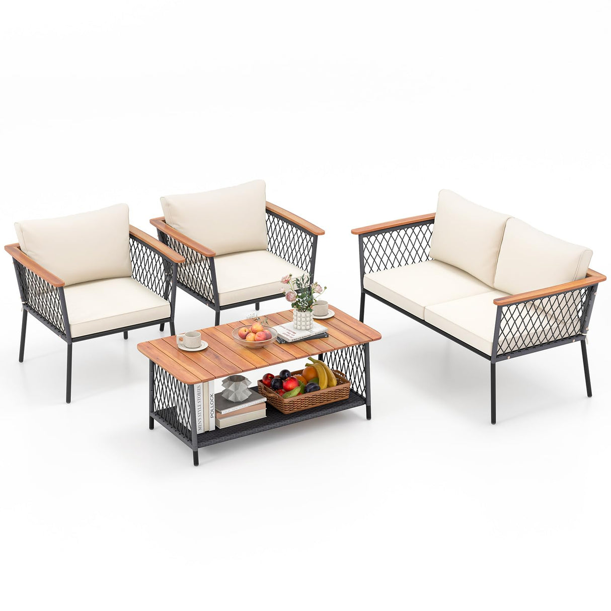 4 Piece Patio Furniture Set, Patiojoy Rattan Chair Set w/ 2-Tier Coffee Table