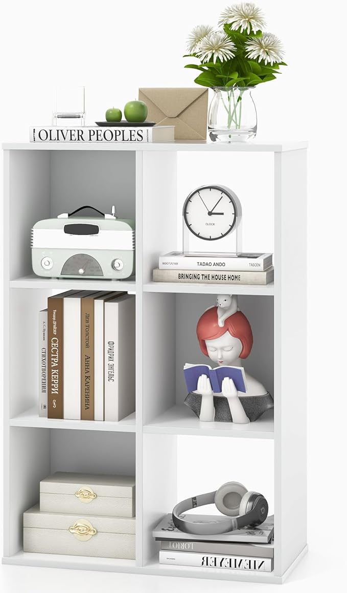 9-Cube Bookshelf, Wooden Open Bookcase, Dual Anti-Tipping Kits, Freestanding Modern Cube Storage Display Shelf for Living Room Kid's Room (White, 9-Cube)