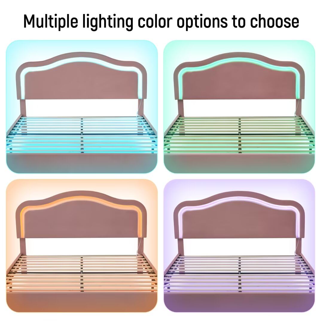 JIJIWANG Queen Size Velvet Upholstered Smart LED Bed Frame with Adjustable Height Headboard,No Box Spring Needed,Easy Assembly,Pink