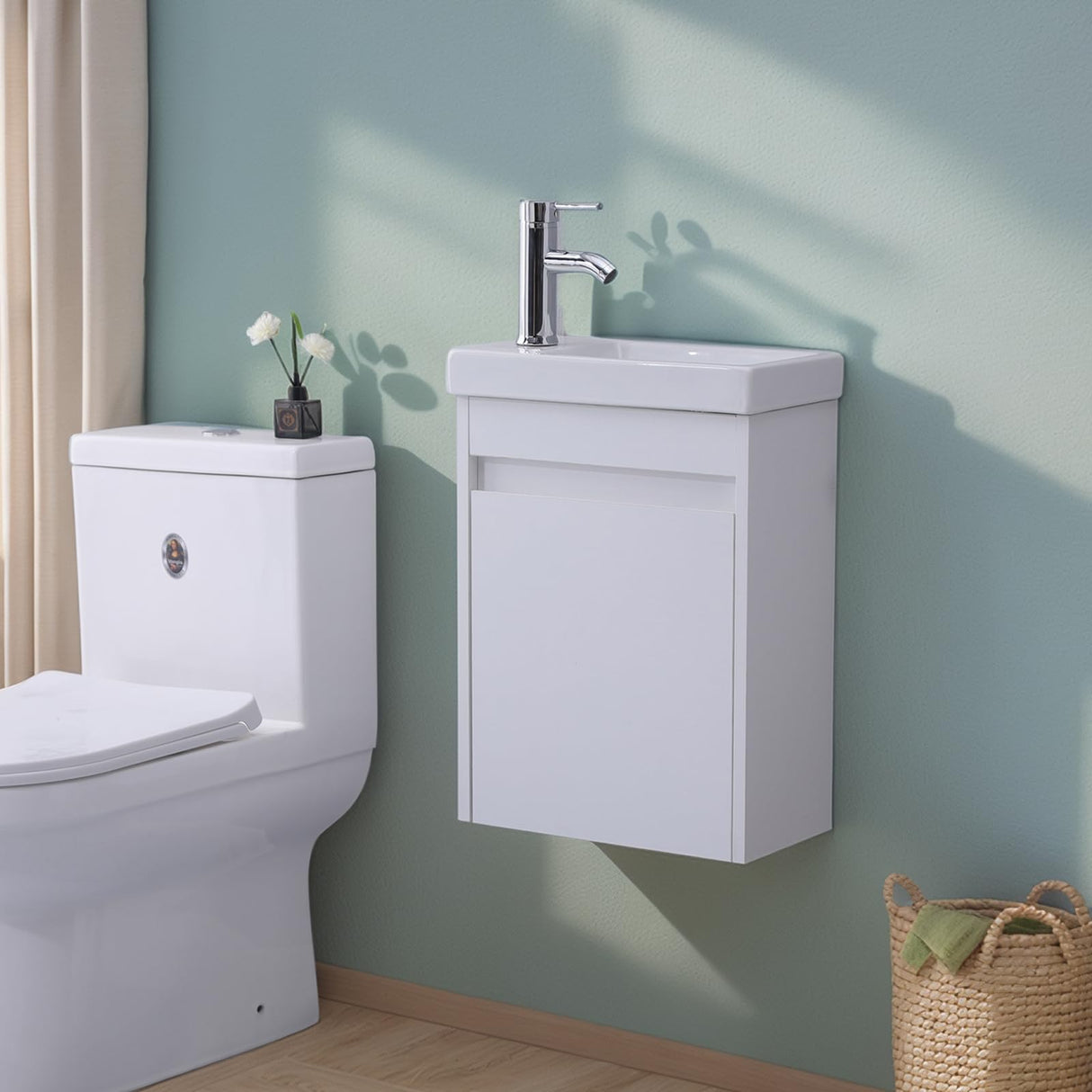 16 Inch Small Bathroom Vanity Combo with Sink, Wall Mounted Bathroom Sink Cabinet