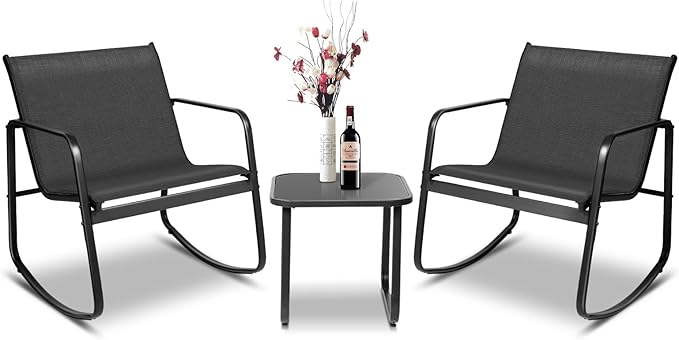 3-Piece Outdoor Rocking Bistro Set with Glass Top Table