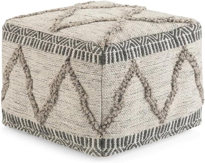Sweeney Boho Square Pouf in Grey, Natural Handloom Woven Pattern for the Living Room