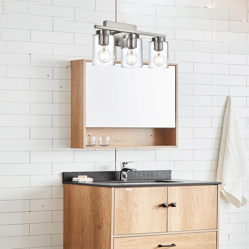 Bathroom Vanity Light,3 Light Brushed Nickel Light Fixture with Thickened Seeded Glass