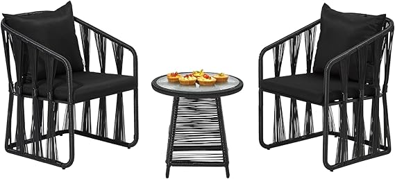 Wicker Patio Bistro Set - 3-Piece Glass Top Table with Cushioned Chairs