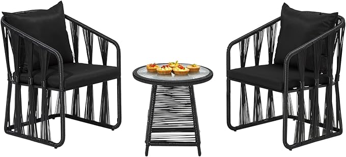 3 Piece Patio Rattan Bistro Set, Outdoor All Weather Wicker Furniture Chairs
