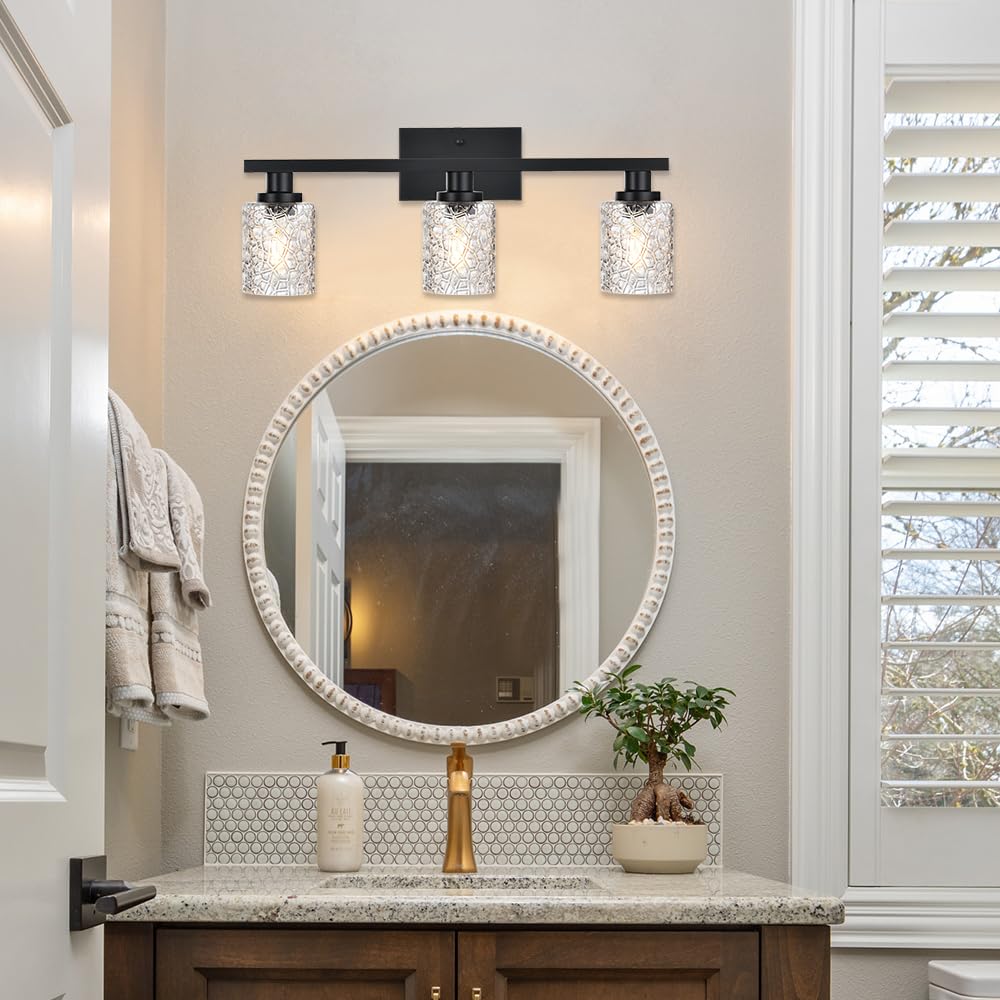 3-Light Vanity Wall Sconce in Matte Black Finish with Clear Glass Shade, Modern Bathroom