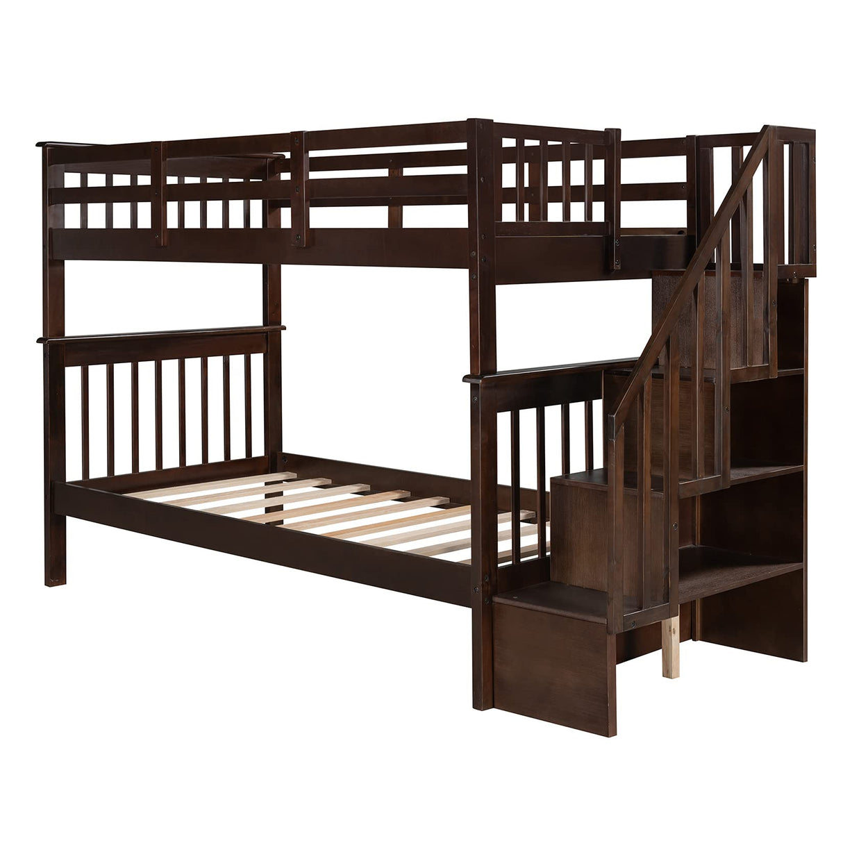 Twin Over Twin Bunk Bed with Storage Shelves Wood Bed Frame for Kids Boys Girls Teens