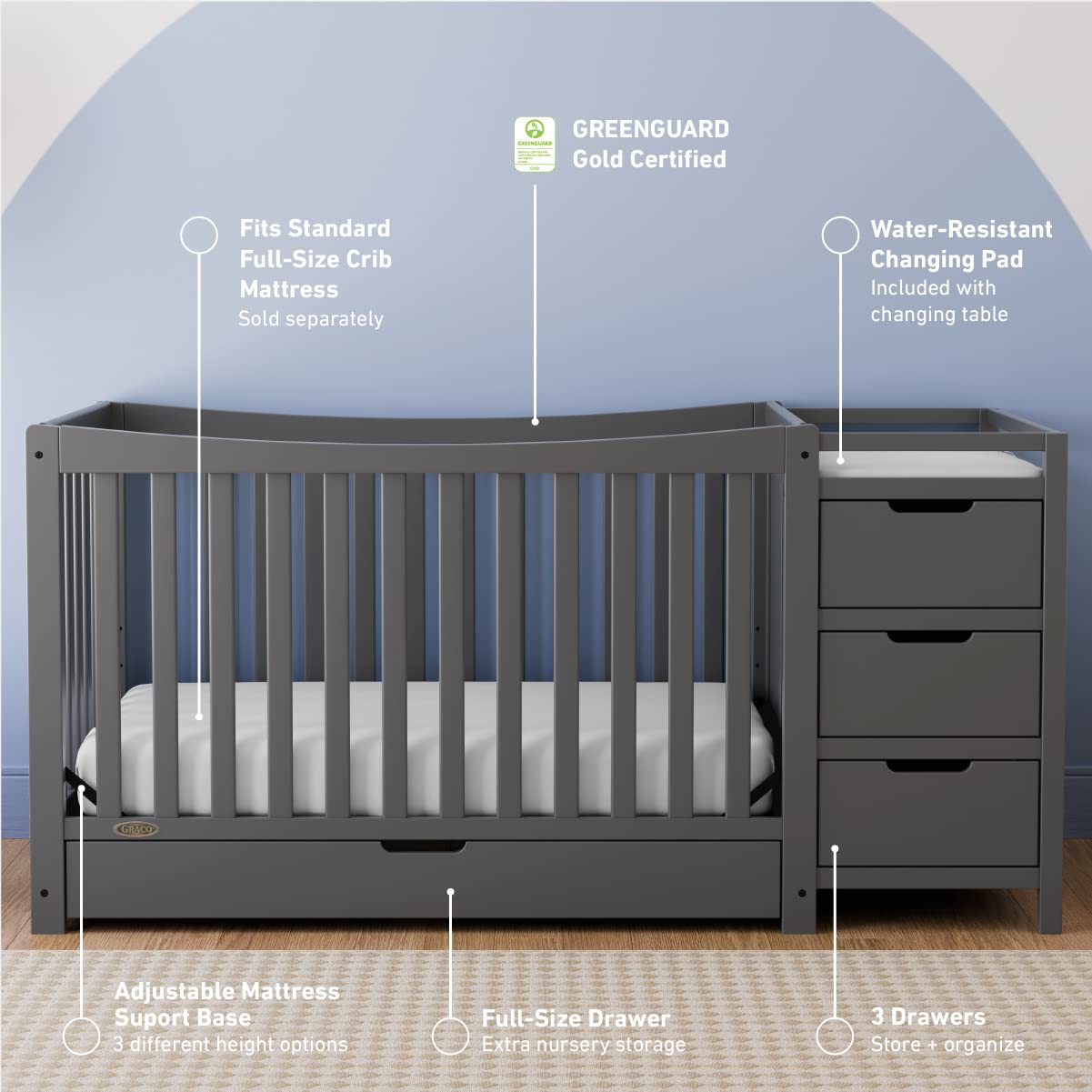 4-in-1 Convertible Crib & Changer with Drawer (Gray) – GREENGUARD Gold Certified, Crib and Changing -Table Combo, Includes Changing Pad, Converts to Toddler Bed, Daybed and Full-Size Bed