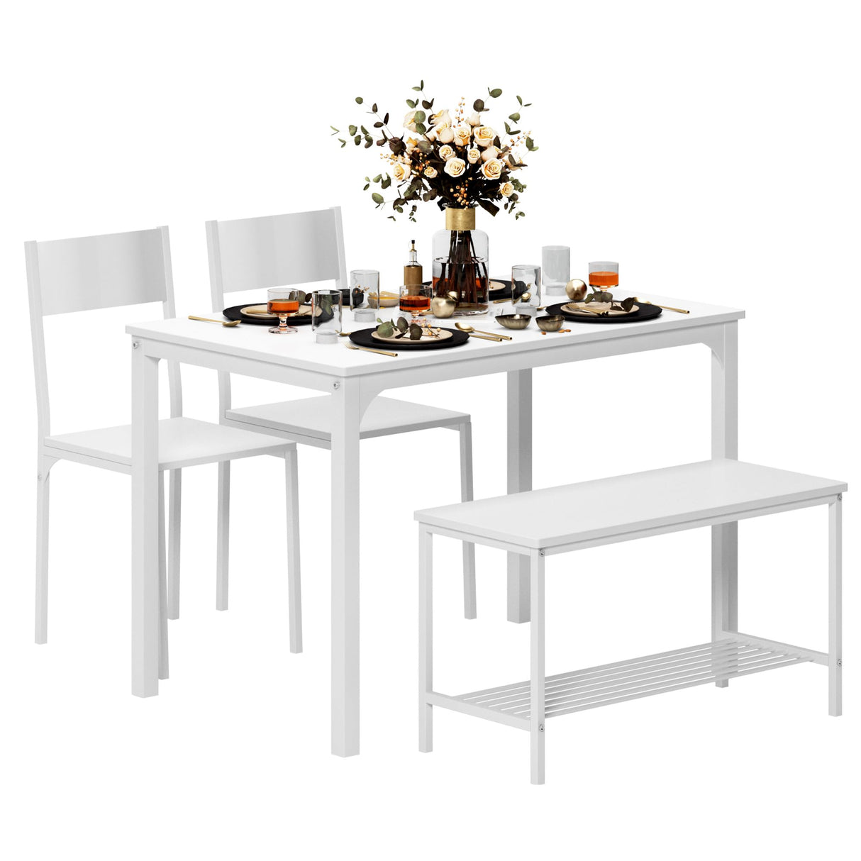 4-Piece Kitchen Dining Table Set with 1 Bench and 2 Chairs, Kitchen Bench Table Set for 4,